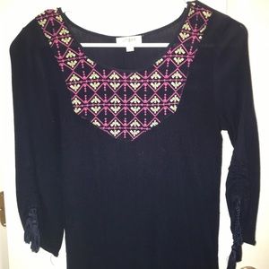 Umgee blouse navy w/ pink & yellow embroidery